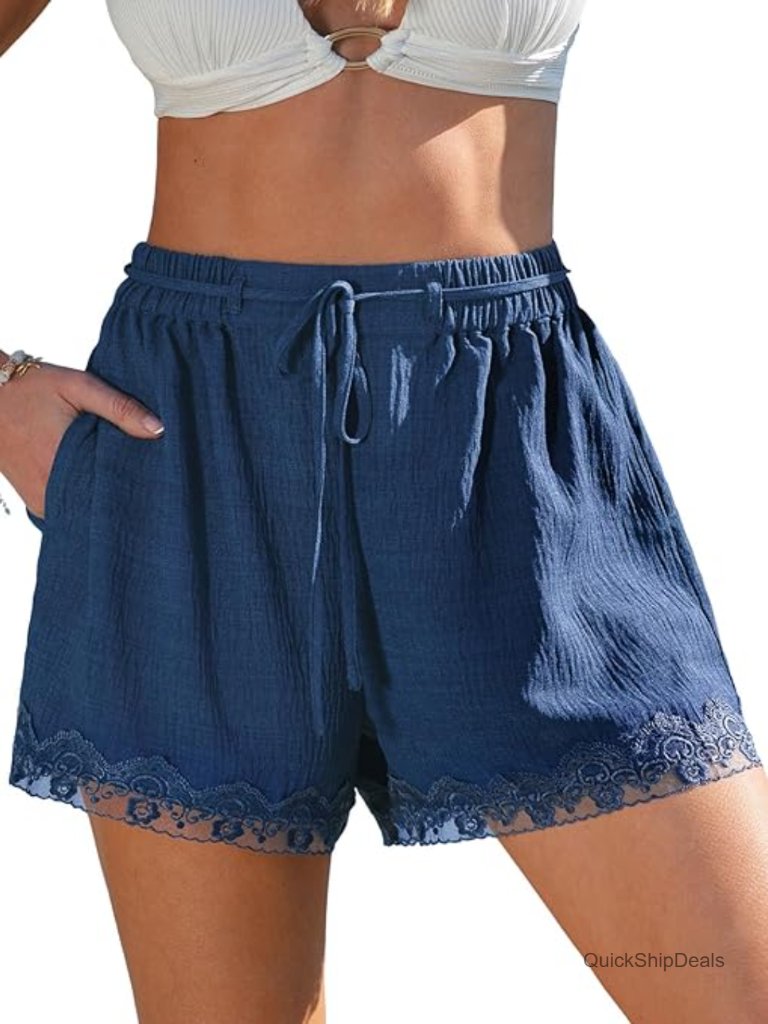 High Waist Drawstring Lace Trim Shorts Casual Loose Fit Summer